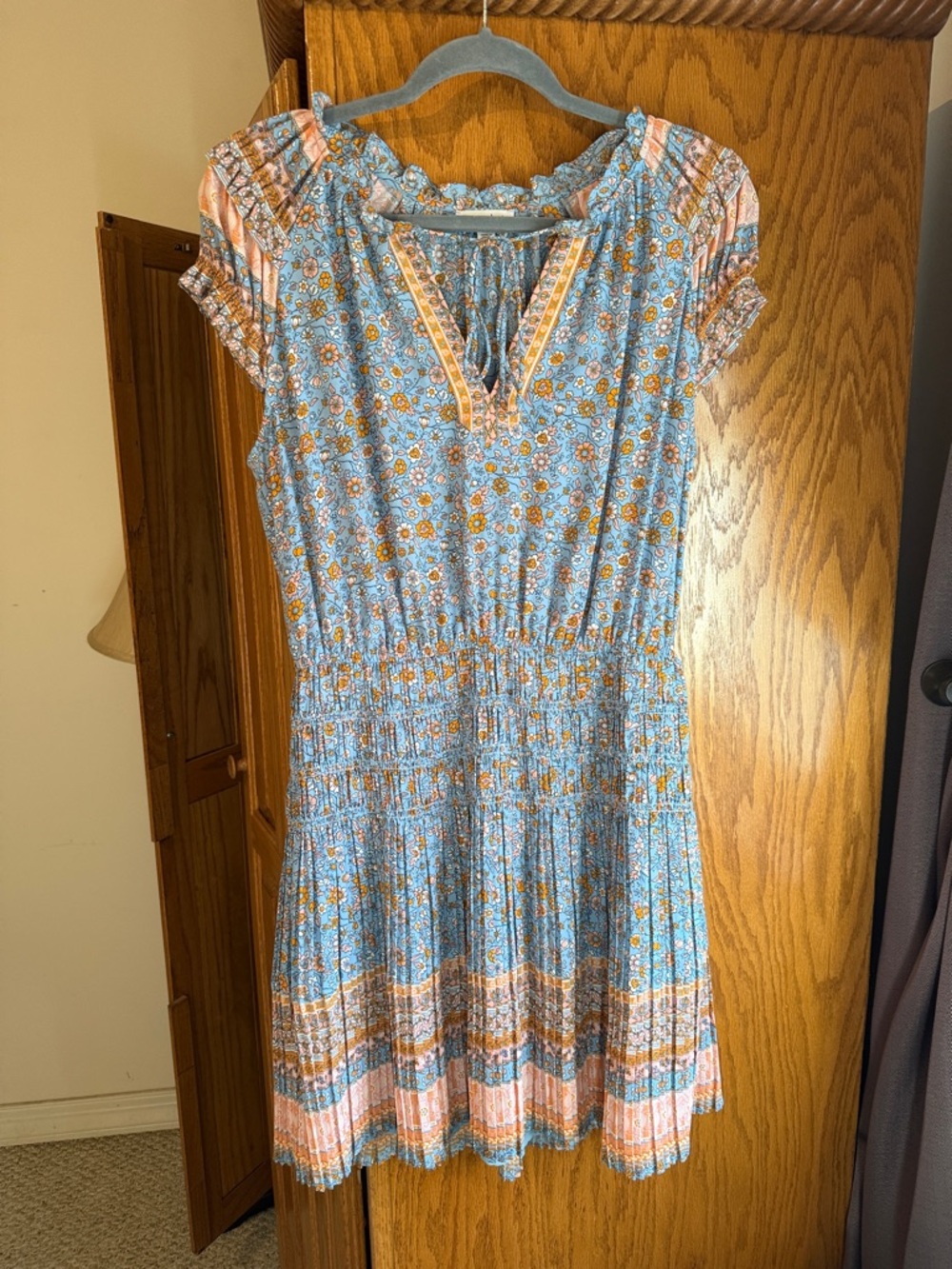 Current/Elliott Blue Floral Mini Dress with Pink and Tan Accents